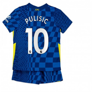 Chelsea Christian Pulisic 10 Dětské Domácí Fotbalové Dresy Komplet 2021 22 - Krátký Rukáv(Zahrnuje šortky)